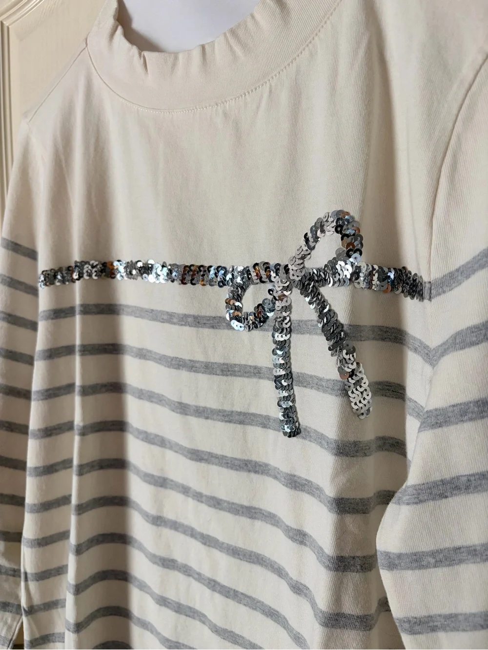 NWT Talbots Sequin Ribbon Stripe Mockneck Longsleeve Tee, Medium